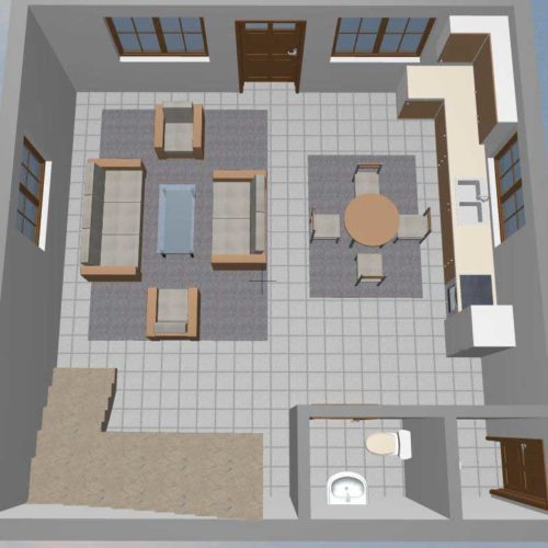 Idejno rješenje izgleda vikendice sa terasom i pečenjarom, kao i sa unutrašnjim rasporedom prostorija